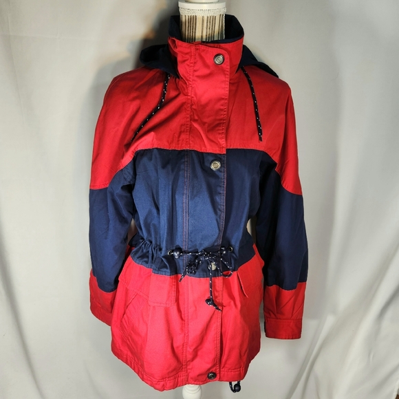 Uno Momento Red & Navy Hooded Zip & Snap Coat Size Small - Picture 2 of 12
